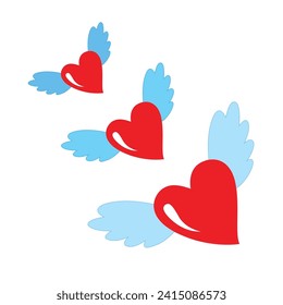 Cute cartoon flying hearts. Romantic hearts love wings, Many Hearts flying