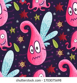 Cute cartoon flying monster vector seamless pattern in a flat style. Funny kid alien character background. Mutant beast animal comic wallpaper on a dark background.