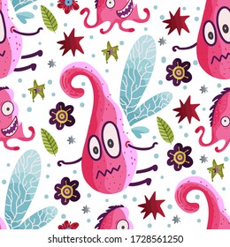 Cute cartoon flying monster vector seamless pattern in a flat style. Funny kid alien character background. Mutant beast animal comic wallpaper on a white background.