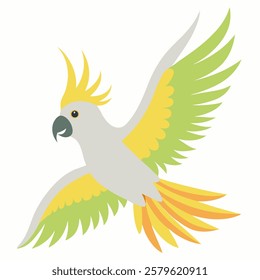 Cute cartoon flying parrot cockatoo isolated on white background. Suitable for educational poster, logo, children's books and  encyclopedias. Children's picture. Vector illustration. 