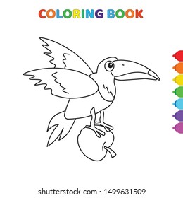 cute cartoon flying raven takes an apple coloring book for kids. black and white vector illustration for coloring book. flying raven takes an apple concept hand drawn illustration