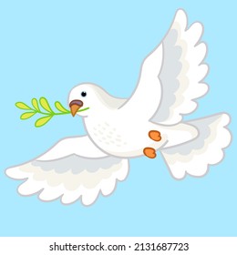 Cute cartoon flying white dove bird with branch of the plant. Cute pigeon of peace isolated on blue background. Cartoon draw design graphic vector illustration.