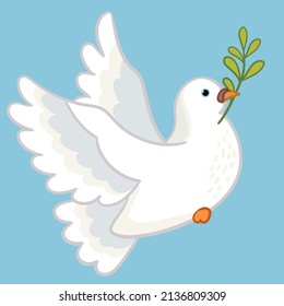 Cute cartoon flying white dove bird with a twig of a plant in its beak. Cute pigeon of peace isolated on blue background. Cartoon draw design graphic vector illustration.