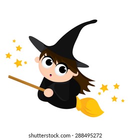 A cute cartoon flying witch on a broom vector illustration.