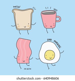  Cute cartoon food. Bread, bacon, egg, coffee