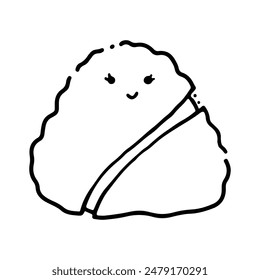 Personaje lindo de la comida de dibujos animados. Lindo contorno de Onigiri. Arroz divertido con envoltura de nori y cara linda, mascota de comida japonesa de dibujos animados, Ilustración vectorial de pegatina de onigiri