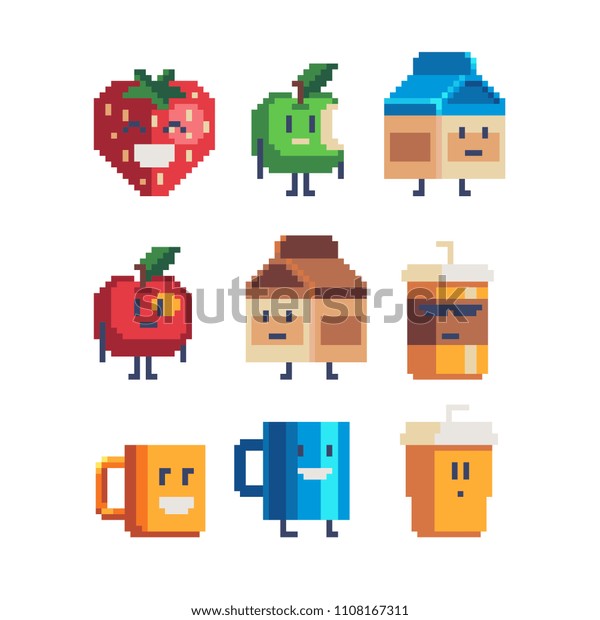 かわいい漫画のフードキャラクターのピクセルアートおかしなアイコン イチゴ リンゴ カップコーヒー チョコレートミルクボックスの分離型ベクターイラスト 8 ビットスプライト デザインステッカー ロゴ モバイルアプリ 刺しゅう のベクター画像素材