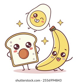 Cute cartoon food characters a slice of bread, banana, and egg.