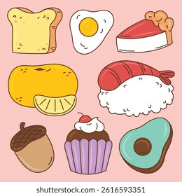 Cute Cartoon Food Collection with Sushi, Cupcake, and Fruits