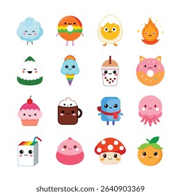 Cute Cartoon Food and Object Characters Set, Sweet Kawaii Style Art with Smiling Faces and Cheerful Designs for Kids
