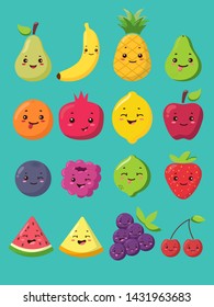 Cute cartoon food poster with vector lemon, pear, grape,orange, avocado, pineapple, apple, cherry, grapes, melon, berry, lime characters clip art. Childish print, stickers