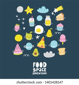 Cute Cartoon Food In Space Adventure. Fresh Summer Print For Kids In Modern Stylle. Vector Food, Apple, Ice Cream, Pizza, Fruit, Donut, Planet In Space.