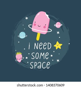 Cute cartoon food in space. Fresh summer print for kids in modern style. Vector food, apple, ice cream, pizza, planet in space.