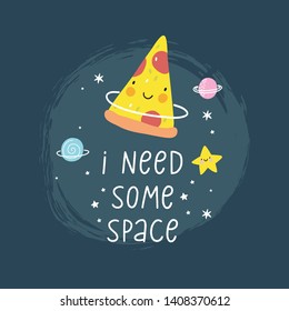 Cute cartoon food in space. Fresh summer print for kids in modern style. Vector food, apple, ice cream, pizza, planet in space.