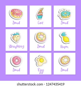 Cute cartoon food square cards with english text. Fun vector stickers set. Doodle set with colored donuts, cupcake, strawberry, lemon, eggs. Set for teenagers with food patch.