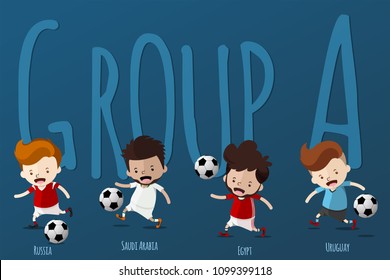 Cute Cartoon for Football World Cup 2018 Tournament in Russia - Jerseys Uniform Group A - Russia, Saudi Arabia, Egypt, Uruguay