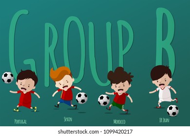 Cute Cartoon for Football World Cup 2018 Tournament in Russia - Jerseys Uniform Group B - Portugal, Spain, Morocco, Iran