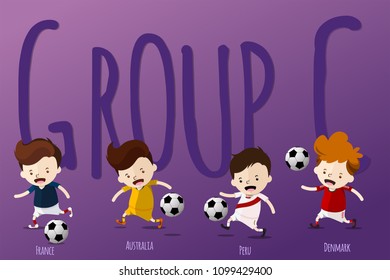 Cute Cartoon for Football World Cup 2018 Tournament in Russia - Jerseys Uniform Group C - France, Australia, Peru, Denmark