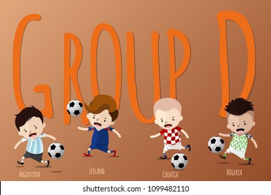 Cute Cartoon for Football World Cup 2018 Tournament in Russia - Jerseys Uniform Group D - Argentina, Iceland, Croatia, Nigeria