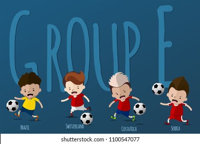 Cute Cartoon for Football World Cup 2018 Tournament in Russia - Jerseys Uniform Group E - Brazil, Switzerland, Costa Rica, Serbia