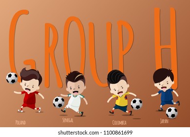 Cute Cartoon for Football World Cup 2018 Tournament in Russia - Jerseys Uniform Group H - Poland, Senegal, Colombia, Japan