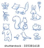 Cute cartoon forest animals. Bear, squirrel, rabbit, frog, raccoon, birds. Hand drawn doodle vector illustration.