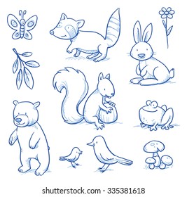 Cute Cartoon Forest Animals. Bear, Squirrel, Rabbit, Frog, Raccoon, Birds. Hand Drawn Doodle Vector Illustration.