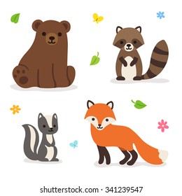 Cute cartoon forest animals: bear, fox, raccoon and skunk. Isolated vector illustration.