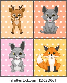 Cute cartoon forest animals. Deer, wolf, hare, fox. Vector illustration.