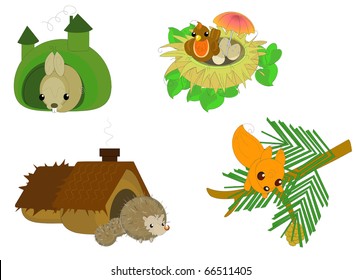 cute cartoon forest animals: hare, bird, hedgehog, squirrel