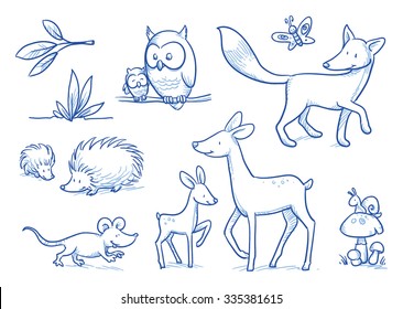 Cute cartoon forest animals. Owl, fox, deer, hedgehog, mouse. Hand drawn doodle vector illustration.