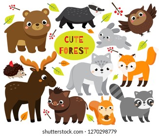 Cute cartoon forest animals set. Woodland wildlife. Badger, raccoon, moose and other wild creatures for kids and children.