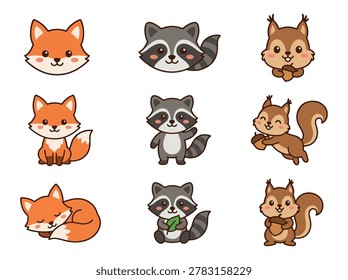 Cute Cartoon Forest Animals Set with Fox Raccoon and Squirrel