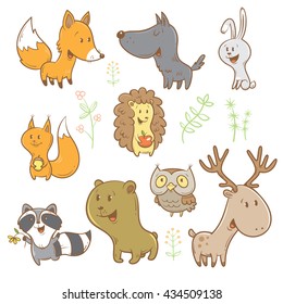 Cute cartoon forest animals set. Funny fox, wolf, squirrel, hare, raccoon, owl and deer. Different plants. Vector image. Children's illustration.