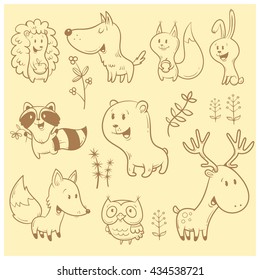 Cute cartoon forest animals set. Funny fox, wolf, squirrel, hare, raccoon, owl and deer. Different plants. Vector contour image no fill. Children's illustration.