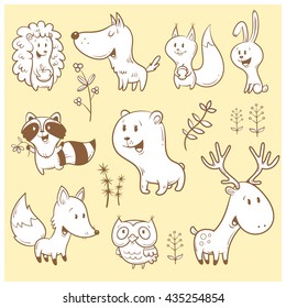 Cute cartoon forest animals set. Funny fox, wolf, squirrel, hare, raccoon, owl and deer. Different plants. Vector contour image, white  fill. Children's illustration.