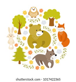 Cute cartoon forest animals vector illustration