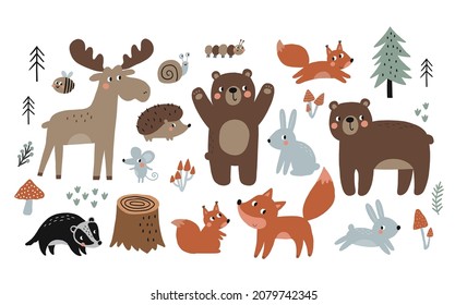 Cute Cartoon forest animals - vector set. Bear, deer, fox, hare, snail, tree, Badger, squirrel, hedgehog - in flat style. Woodland
