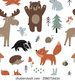 Cute Cartoon forest animals - vector set. Bear, deer, fox, hare, snail, tree, Badger, squirrel, hedgehog - in flat style. Woodland seamless pattern