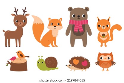 Cute cartoon forest animals, vector illustration