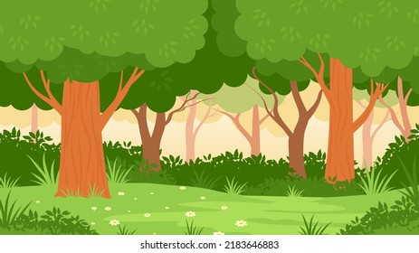 Selva de la selva de la caricatura con árboles y césped de forma plana ilustrativa vectorial