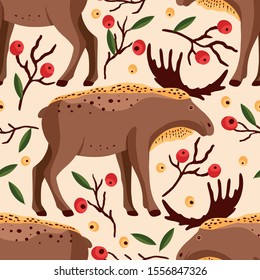 Cute cartoon forest moose vector animal art. Brown elk in a flat style. Amusing woodland Christmas seamless pattern.