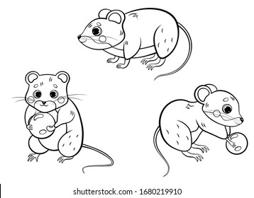 Conjunto de esquema de la página de color de la página de color vectorial del árbol de dibujos animados o del ratón. Vole en diferentes posturas. Ratón sujetando bayas. Animales forestales para niños. Aislado sobre fondo blanco