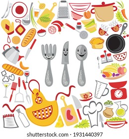 Cute cartoon fork, knife and spoon. Vector illustration