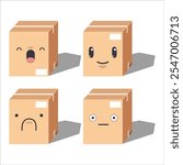 Cute cartoon Four cardboard boxes with different facial expressions. Vector illustrator.