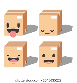 Cute cartoon Four cardboard boxes with different facial expressions. Vector illustrator.