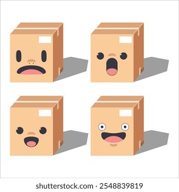 Quadrinhos bonitos Quatro caixas de papelão com diferentes expressões faciais. Ilustrador de vetor.