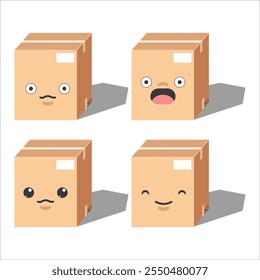 Dibujos animados lindos Cuatro cajas de cartón con diferentes expresiones faciales. Ilustrador de Vector.