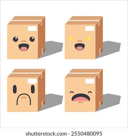 Cute cartoon Four cardboard boxes with different facial expressions. Vector illustrator.