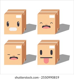Cute cartoon Four cardboard boxes with different facial expressions. Vector illustrator.